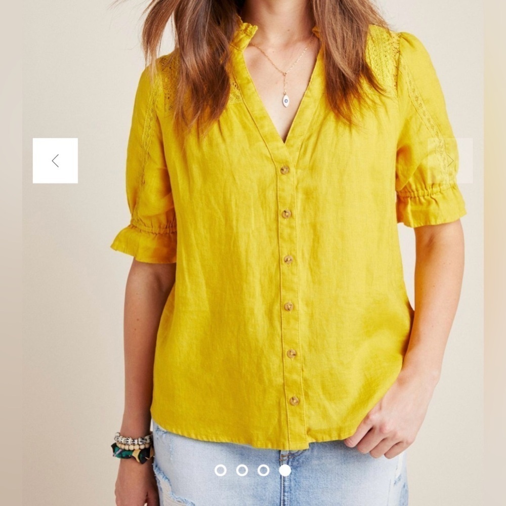 Anthropologie MAEVE Magritte Top Yellow Linen Puff Sleeve Button Down Lace S-z 0